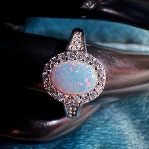 silver opal oval ring sz 6